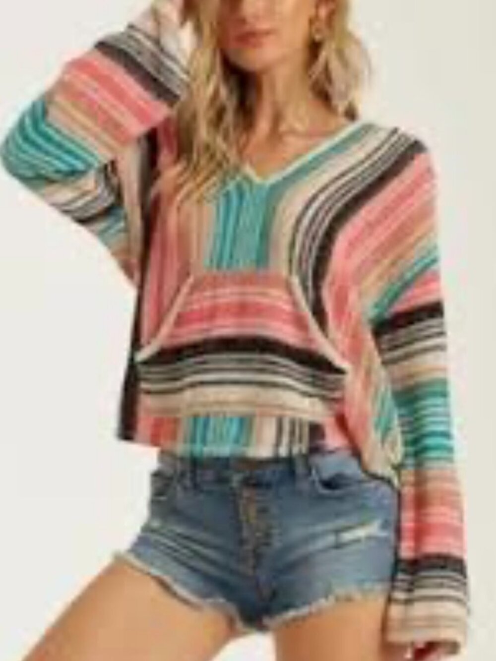 Billabong Women's V-Neck pullover Hoodie front pocket Relaxed BAJA Boho SZ M